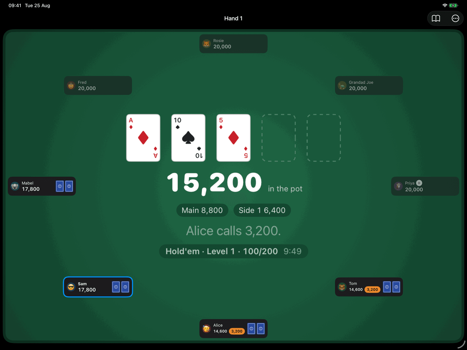 Group Poker on an iPad host mid-hand: the flop dealt, the pot and side pot counted, and the acting player highlighted