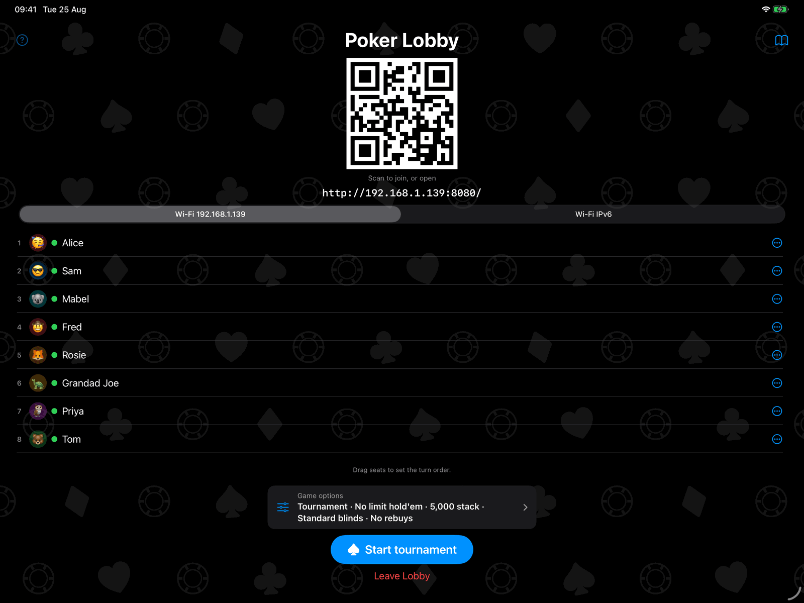 The Group Poker lobby on an iPad, showing the QR code players scan to join from their own phone browser
