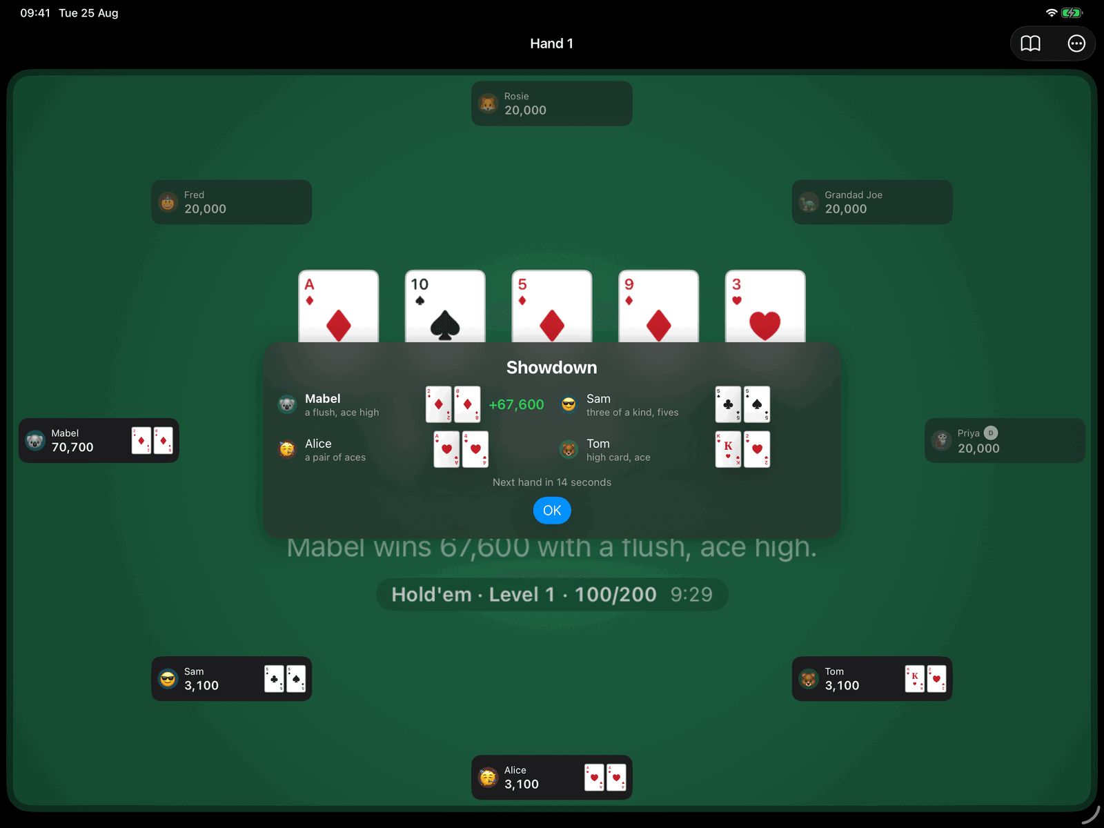A Group Poker showdown on an iPad: revealed hands, the winning five cards highlighted, and the hand named in plain words