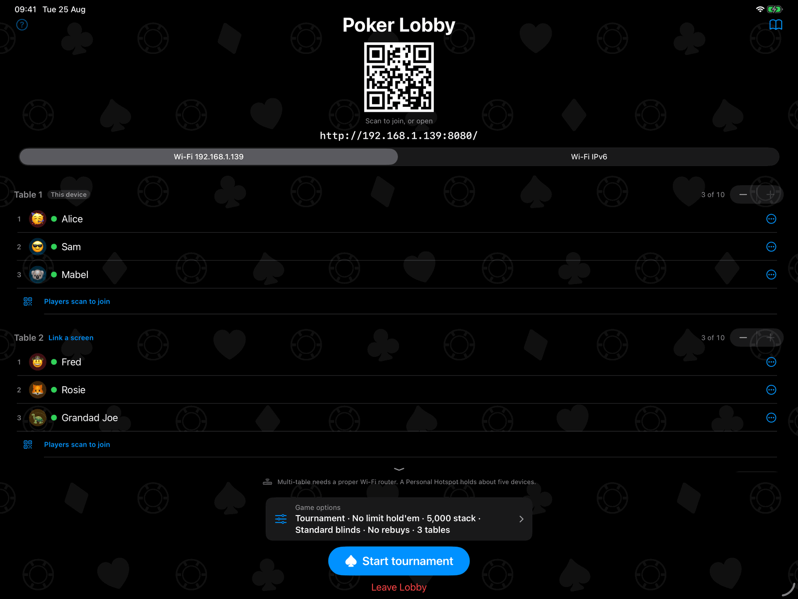 The Group Poker multi-table lobby on an iPad: three table sections, each with its own join QR code and player cap