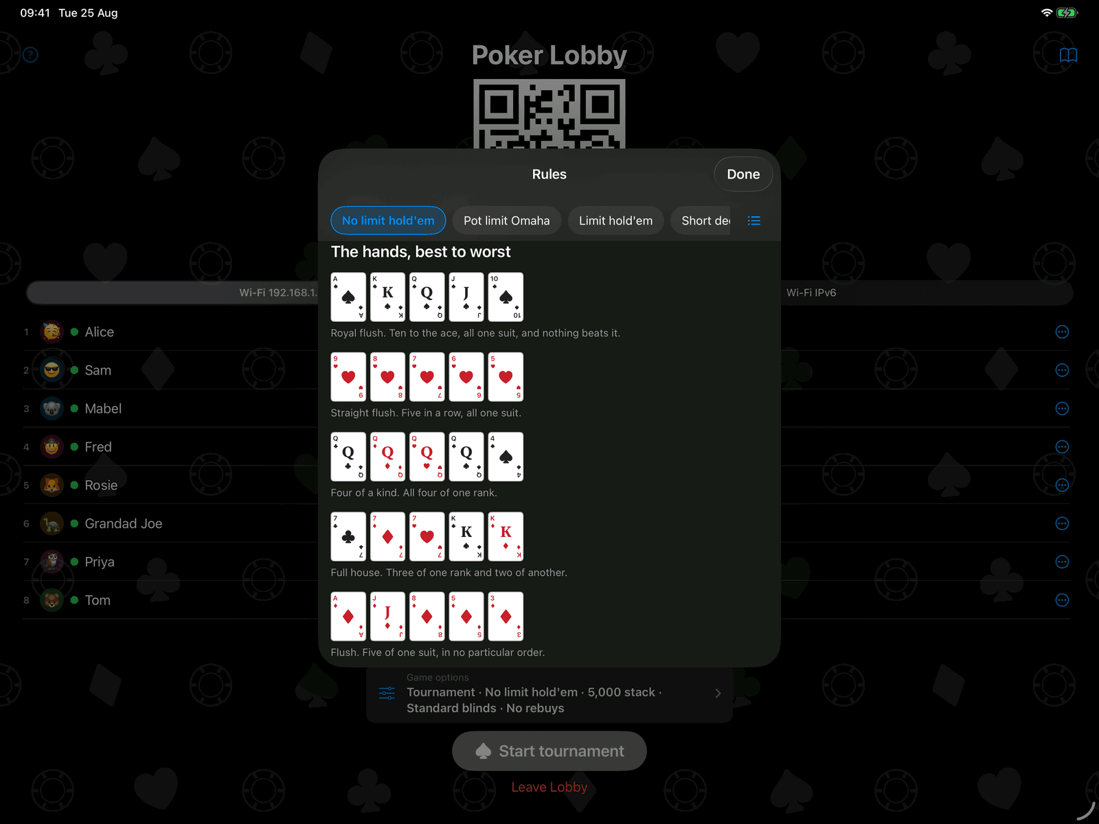 Group Poker rules on an iPad, with hand rankings drawn as real playing cards