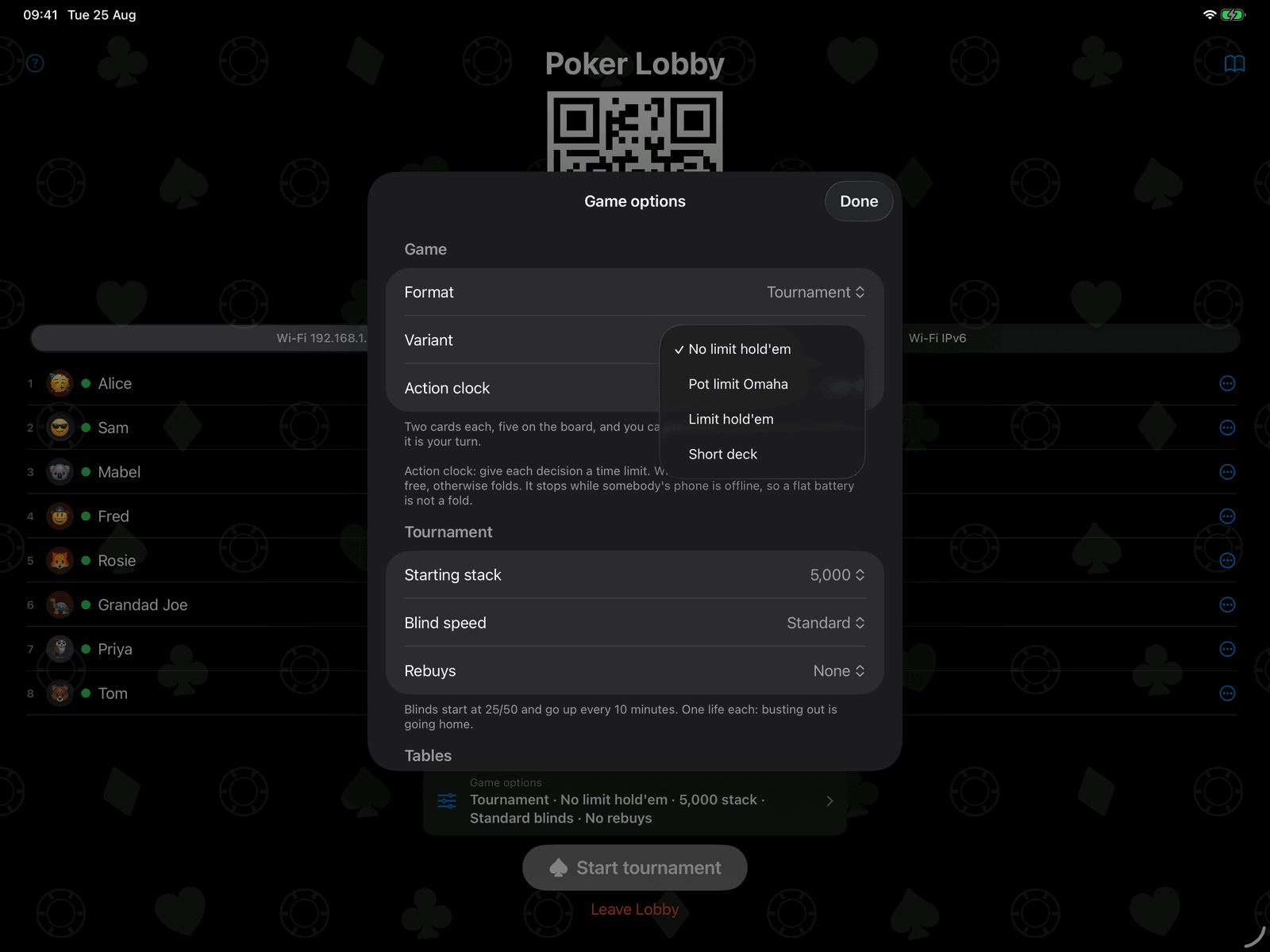 Group Poker game options on an iPad, showing the four poker variants and the tournament and cash game formats