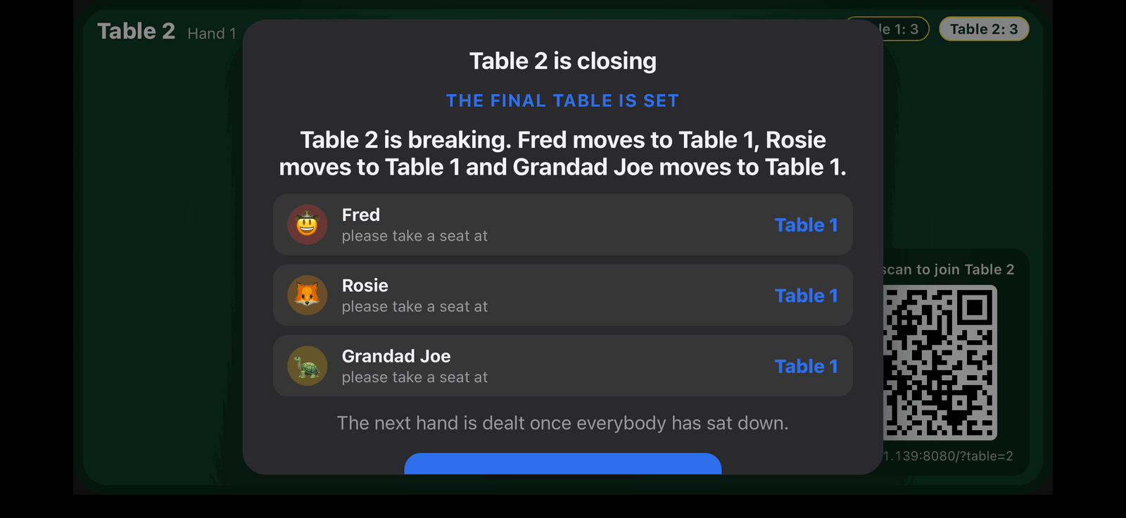 The Group Poker final table ceremony on a linked screen as the tables break down to one
