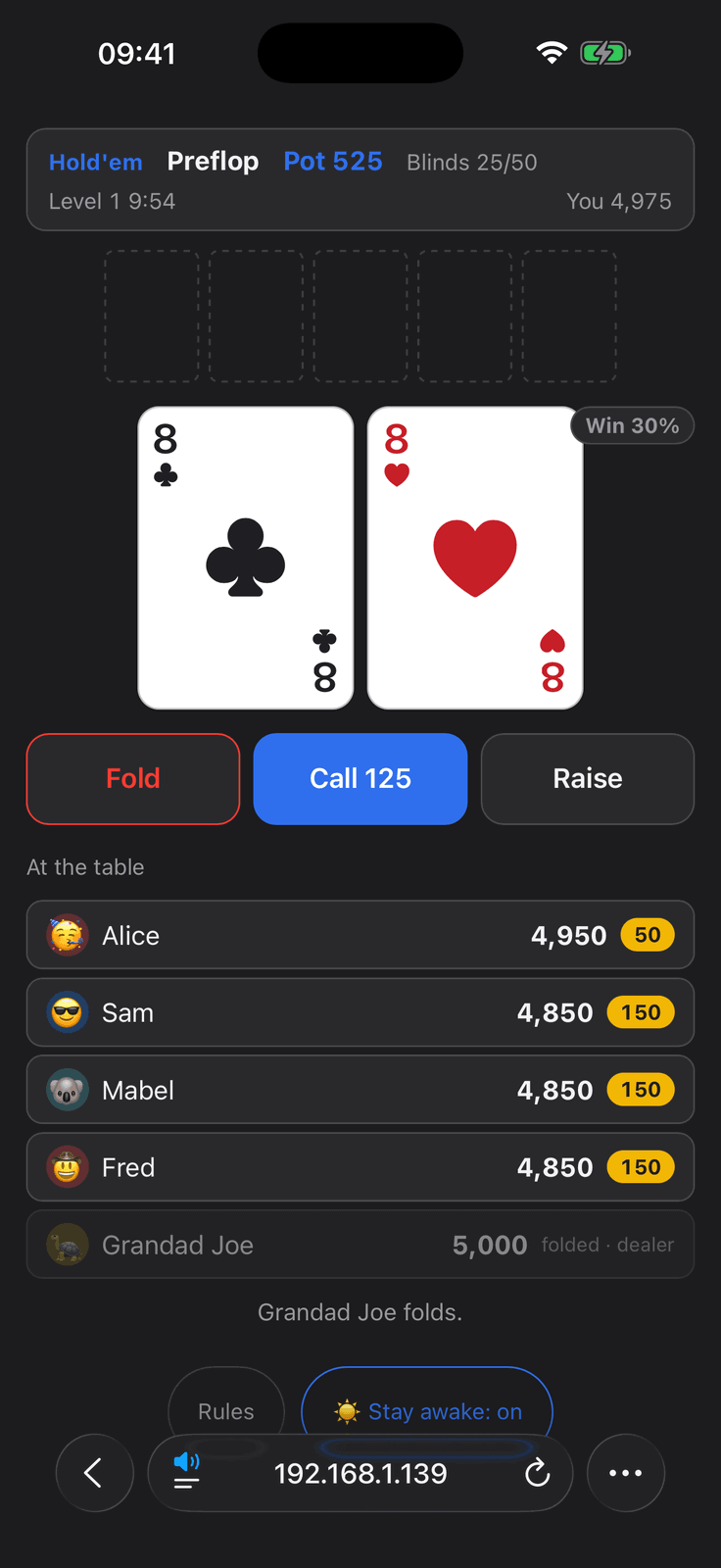 A player's phone browser during a Group Poker hand: private hole cards with fold, call and raise buttons