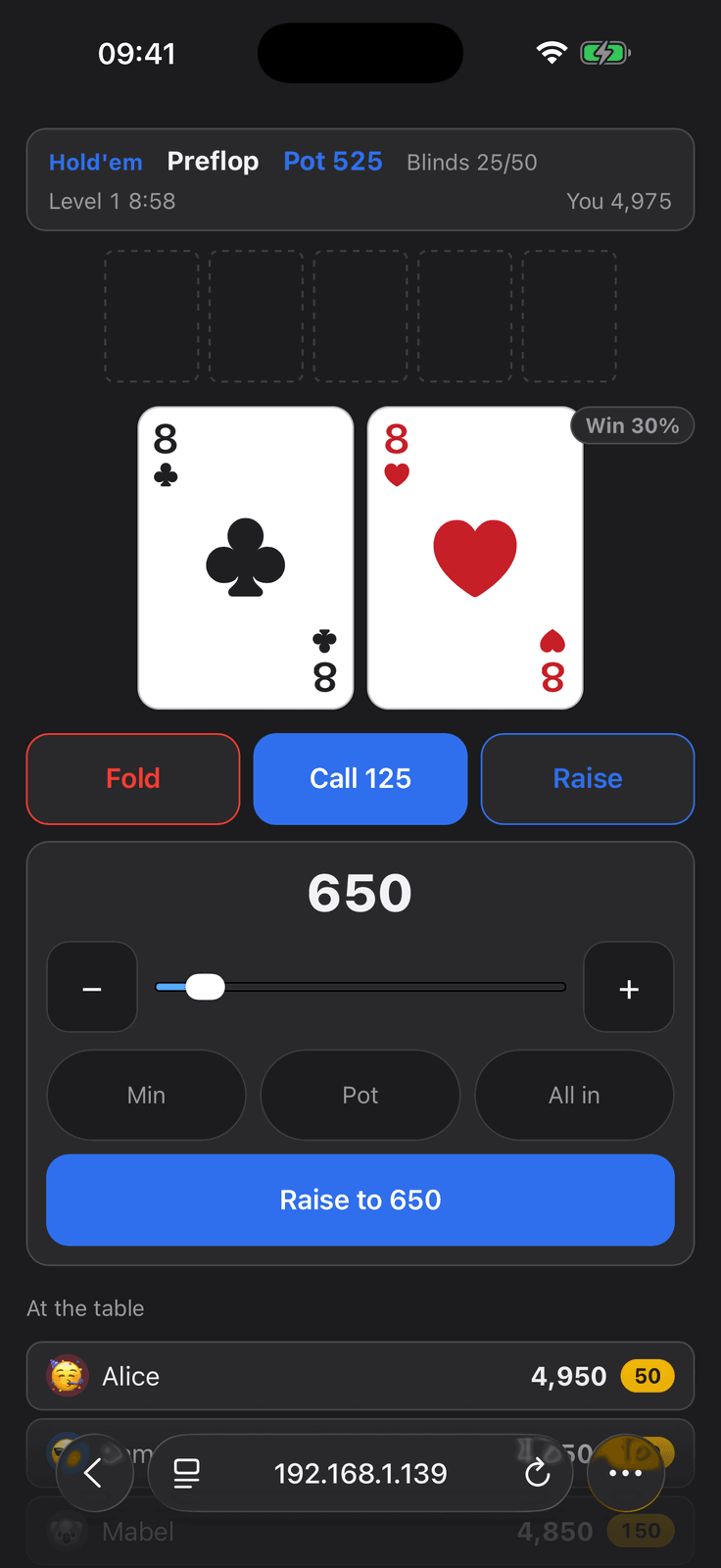 The raise drawer on a player's phone in Group Poker, with a slider and min, pot and all-in presets