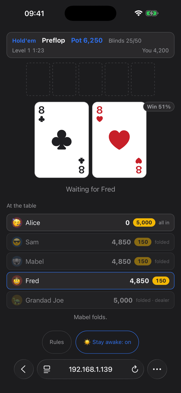 The optional win chance percentage beside a player's hole cards on their phone in Group Poker