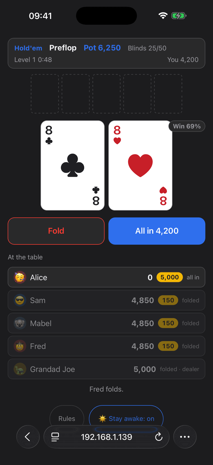 A player's phone in Group Poker facing an all-in, with the two-tap arming that prevents mis-taps