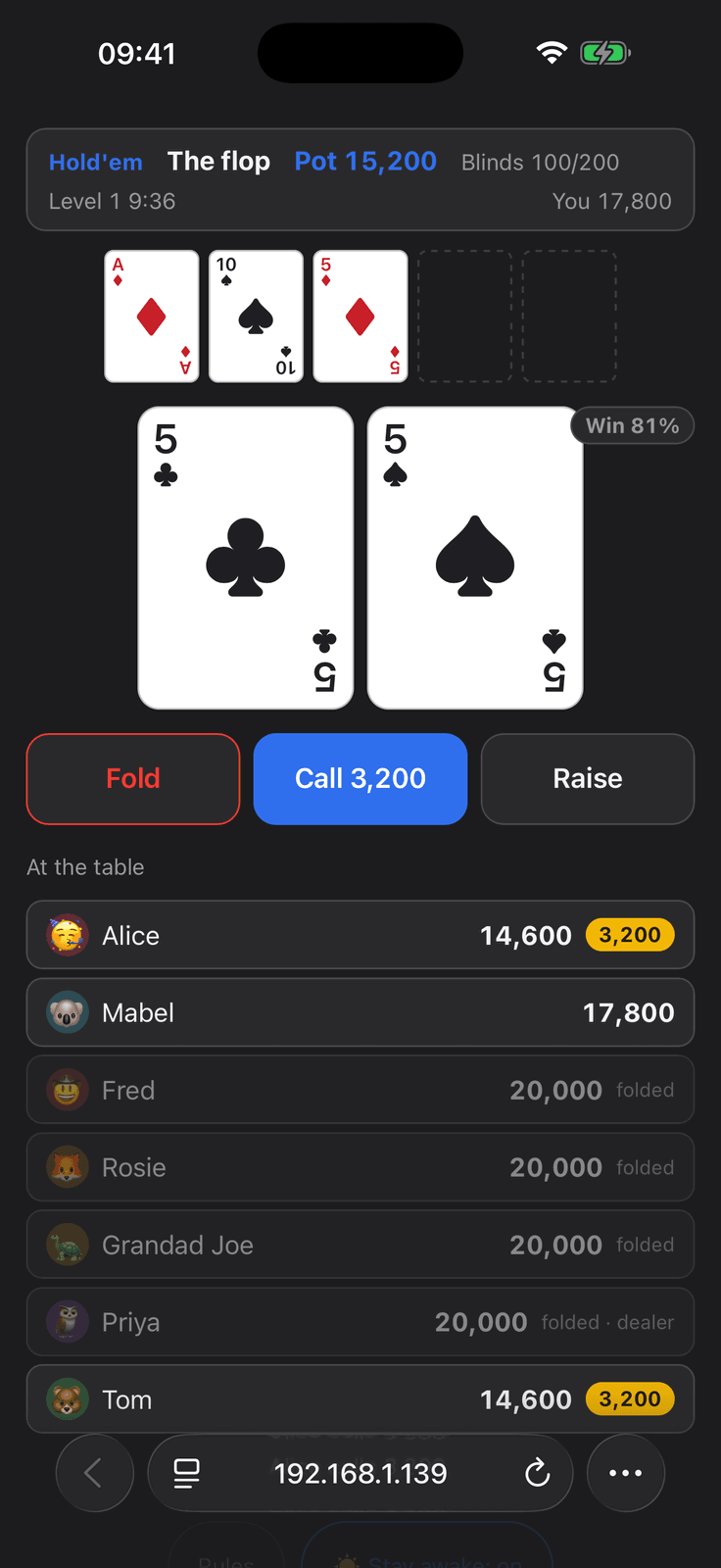A player's phone browser mid-decision in Group Poker: private hole cards, a win chance badge and a call button