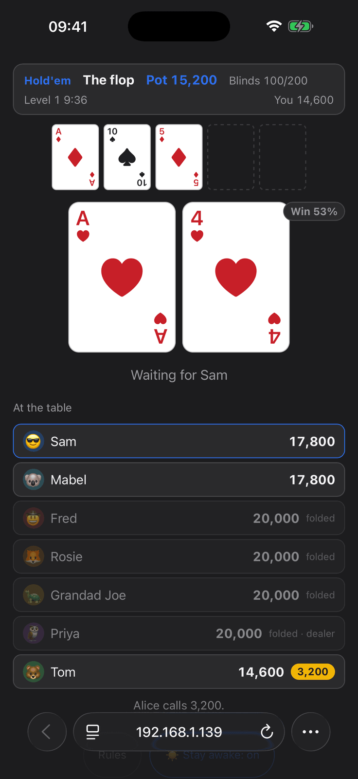 A second player's phone browser in Group Poker, waiting for another player to act in the same hand