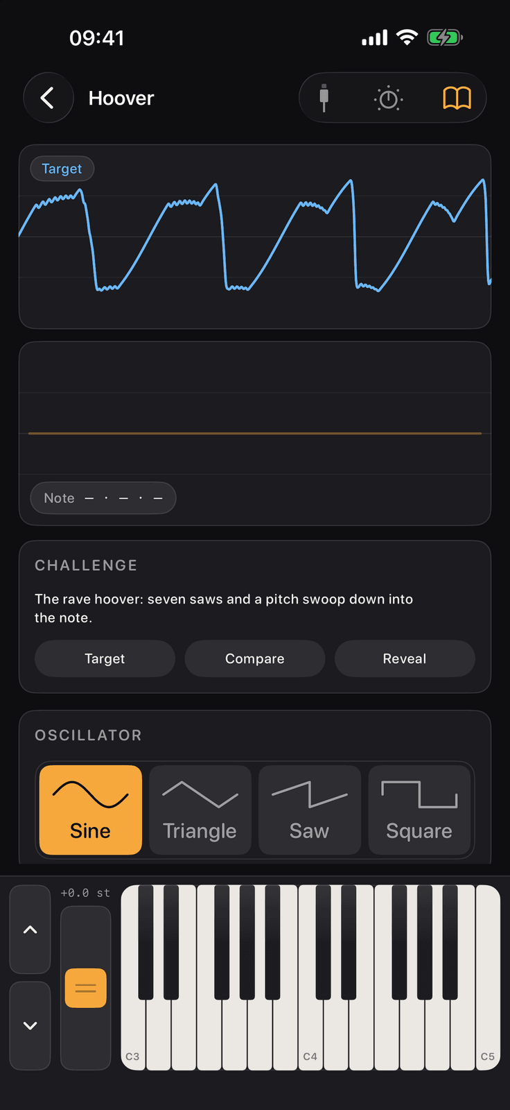 Learn Synths on iPhone: challenge 10, Hoover, with the target wave in blue above the patch