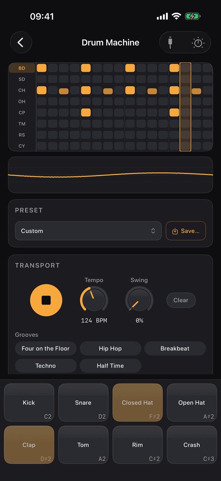 Learn Synths on iPhone: the standalone drum machine playing a pattern