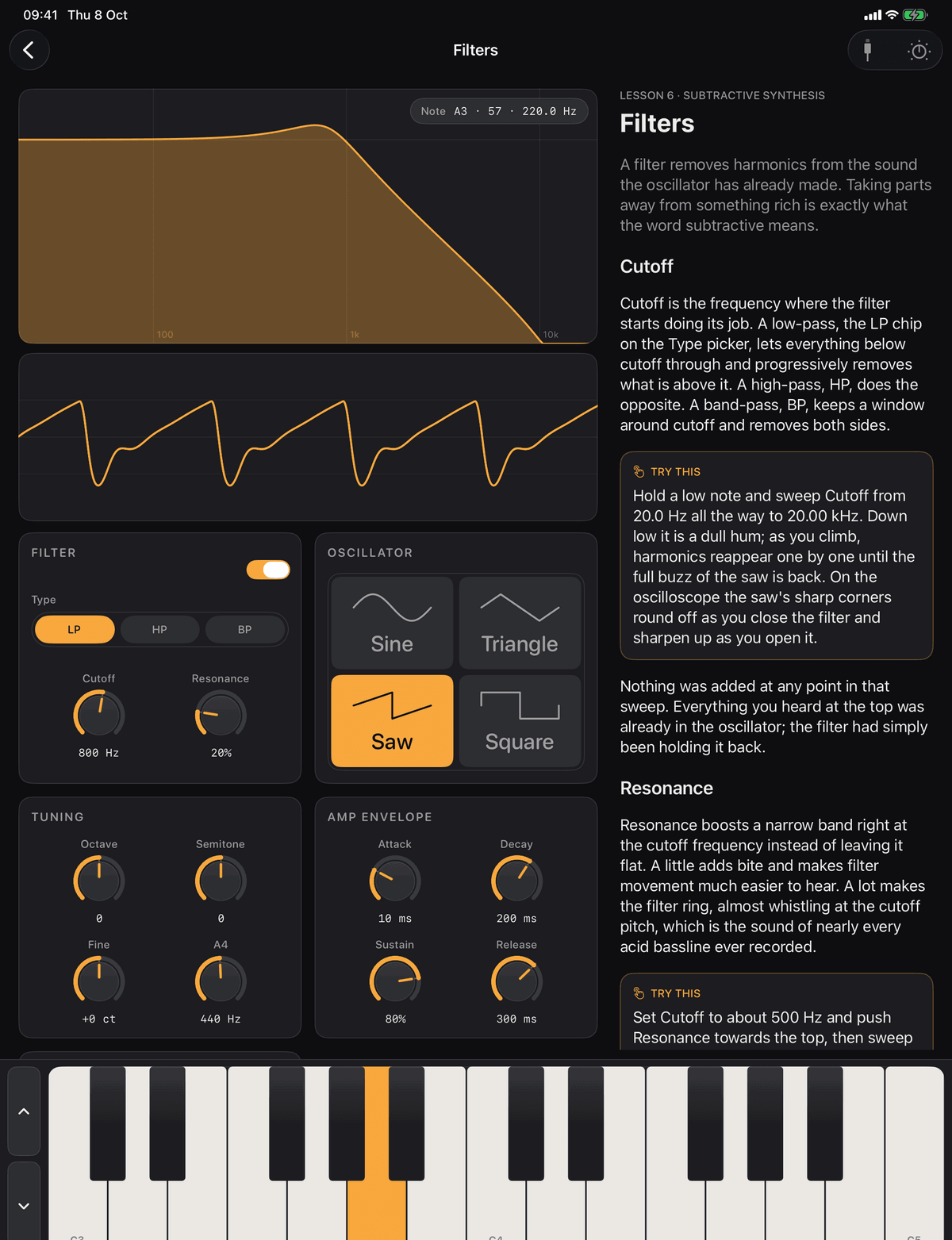 Learn Synths on iPad: lesson 6, Filters, with cutoff, resonance and the filter curve beside the lesson text