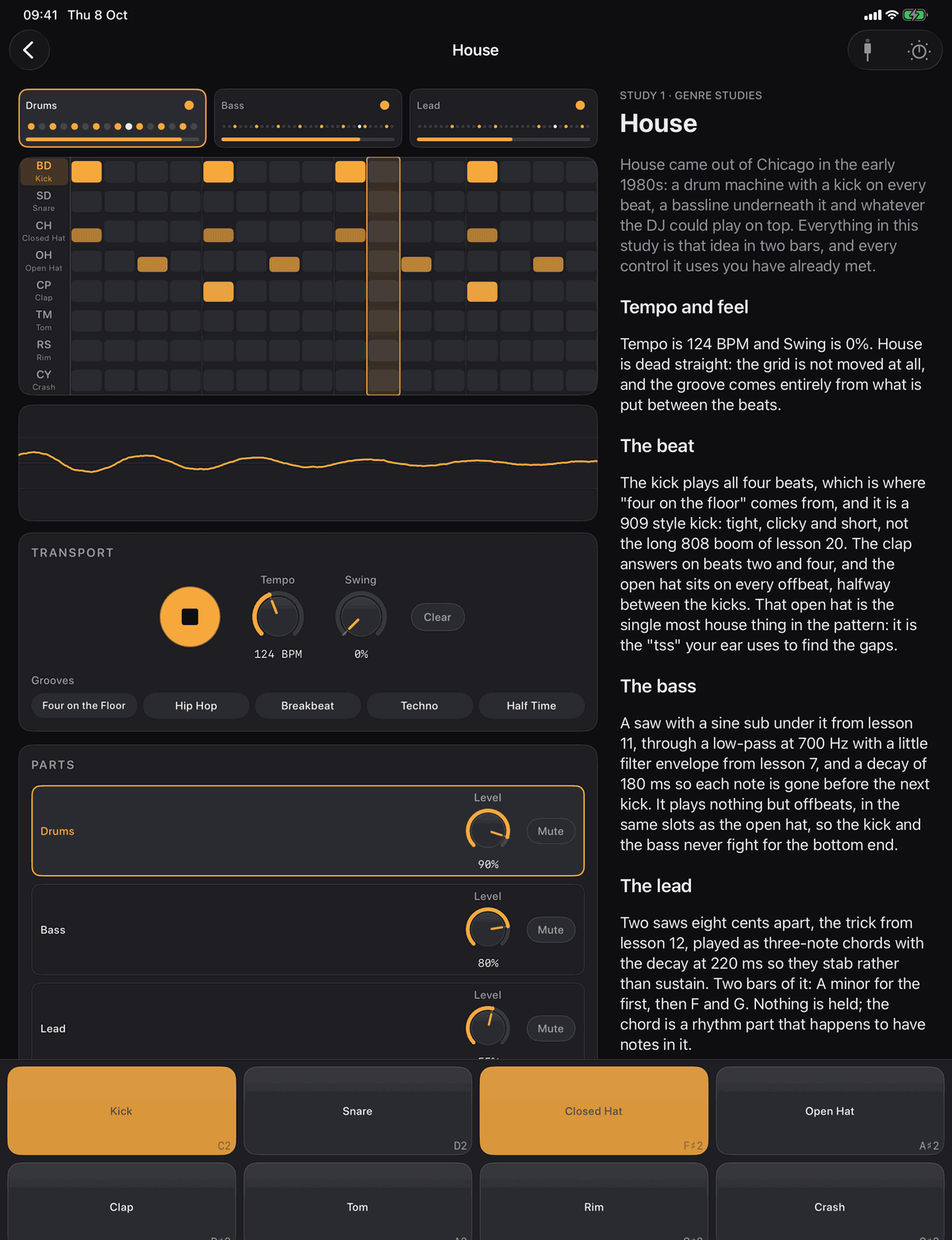 Learn Synths on iPad: the House genre study playing, with drums, bass and lead on one clock