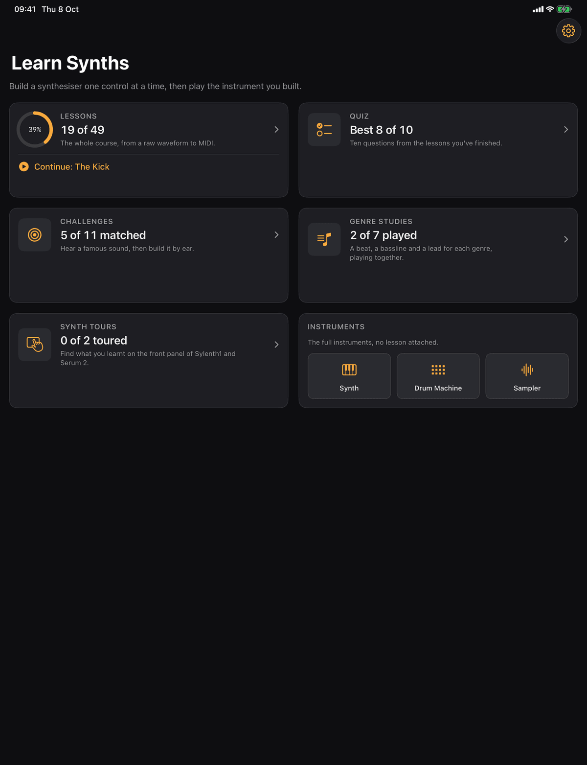 Learn Synths on iPad: the Home screen with Lessons, Quiz, Challenges, Genre Studies, Synth Tours and Instruments