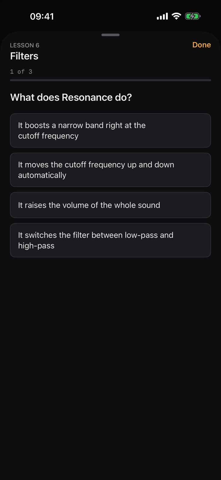 Learn Synths on iPhone: the first question of the Filters lesson quiz, What does Resonance do?