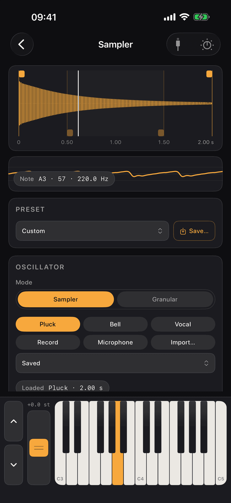 Learn Synths on iPhone: the standalone sampler with a pluck loaded and its waveform above the controls
