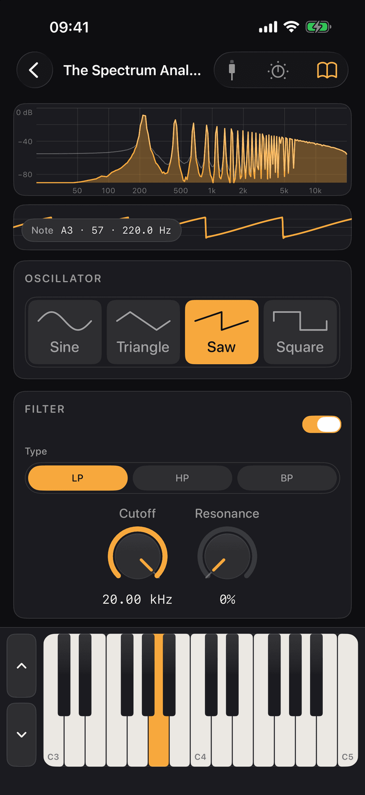 Learn Synths on iPhone: lesson 30, The Spectrum Analyser, showing a saw wave as a ladder of harmonics