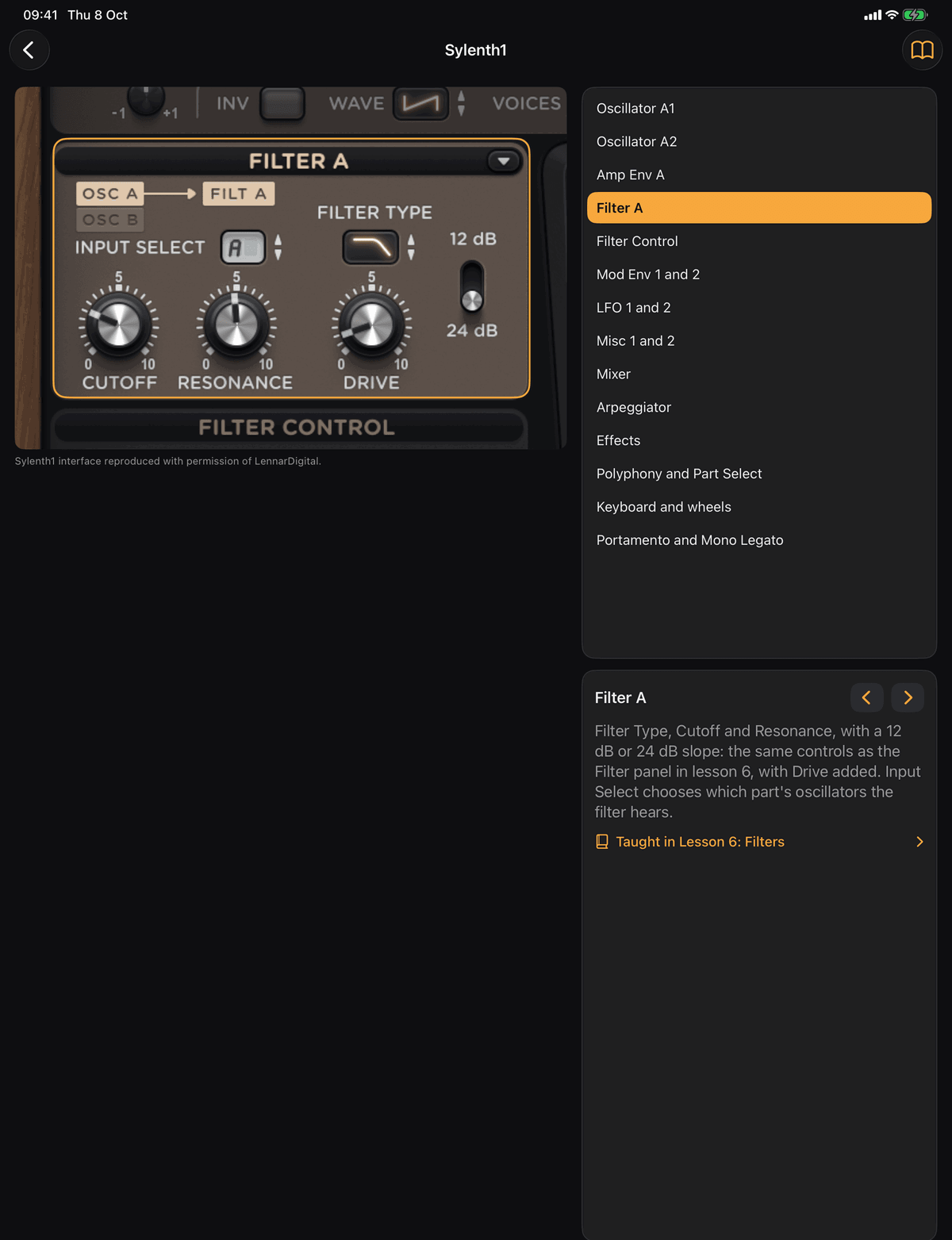 Learn Synths on iPad: the Sylenth1 synth tour zoomed to Filter A, with the section list and the link to the lesson that taught it