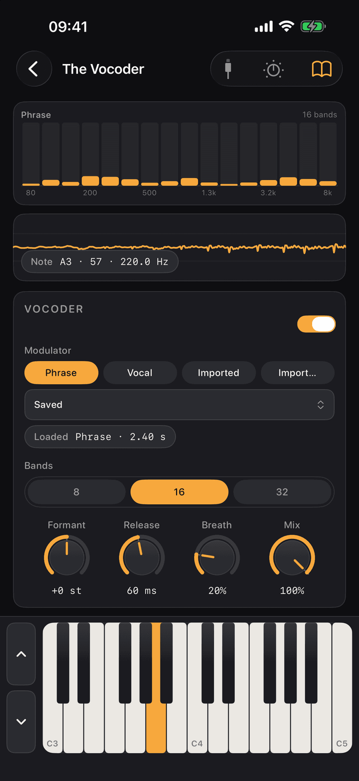 Learn Synths on iPhone: lesson 46, The Vocoder, with its sixteen bands above the controls