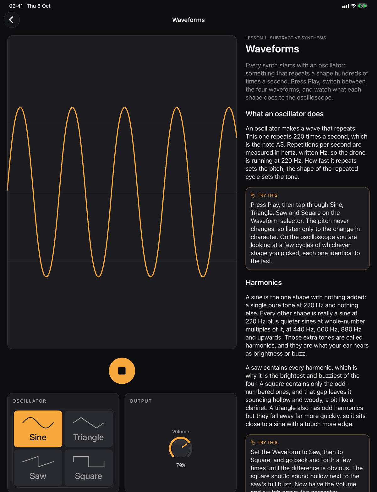 Learn Synths on iPad: lesson 1, Waveforms, with a note held and the scope drawing the wave beside the lesson text