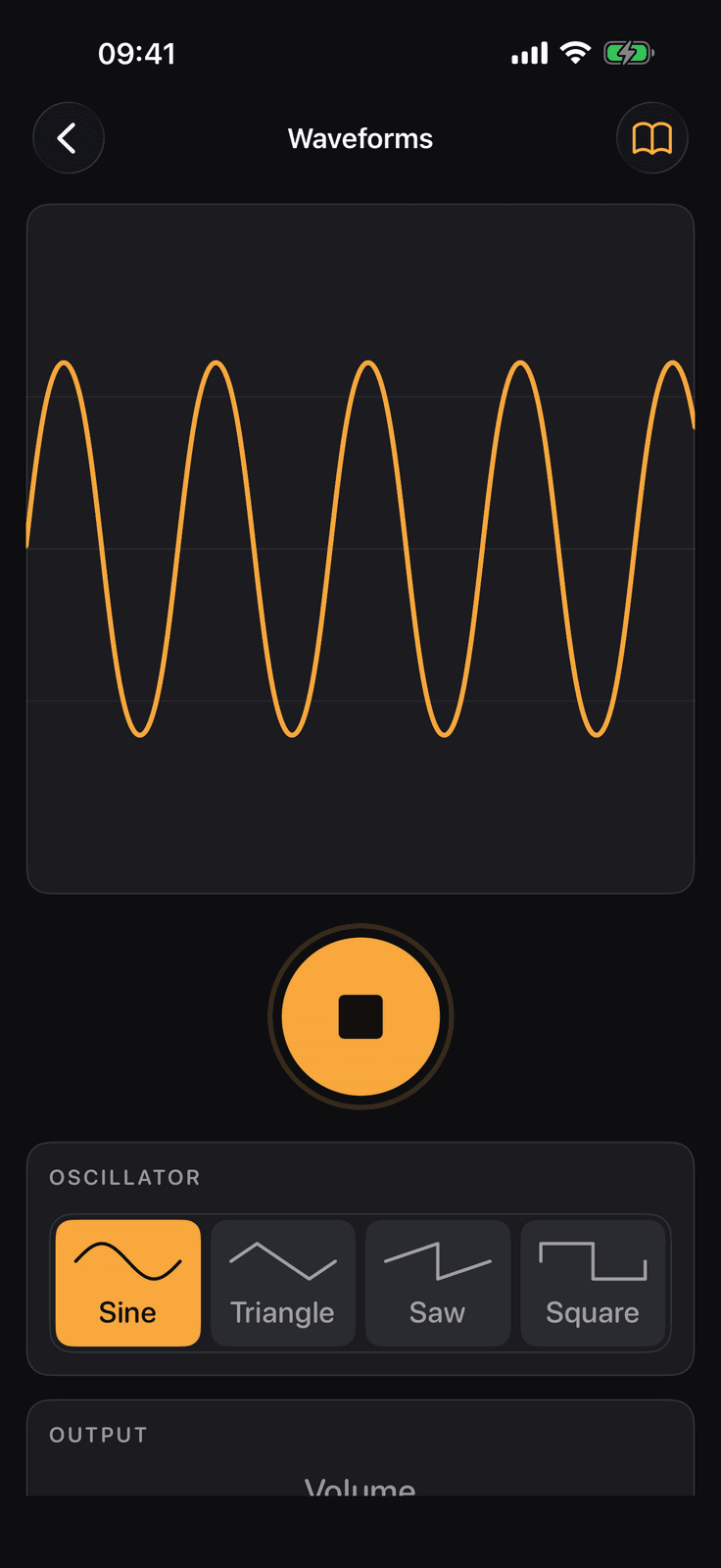 Learn Synths on iPhone: lesson 1, Waveforms, with a note held and the scope drawing a sine wave