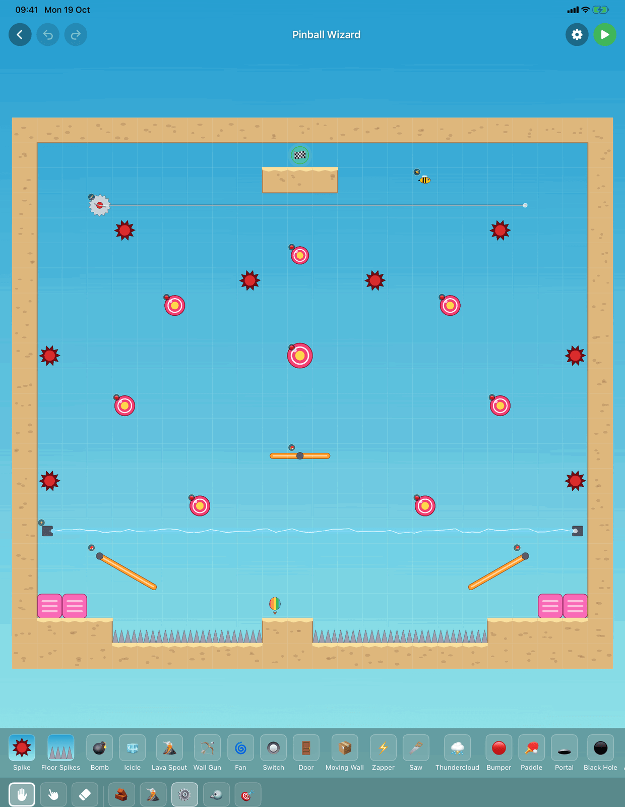 Looney Ballooney on iPad: the level editor with the Objects palette open