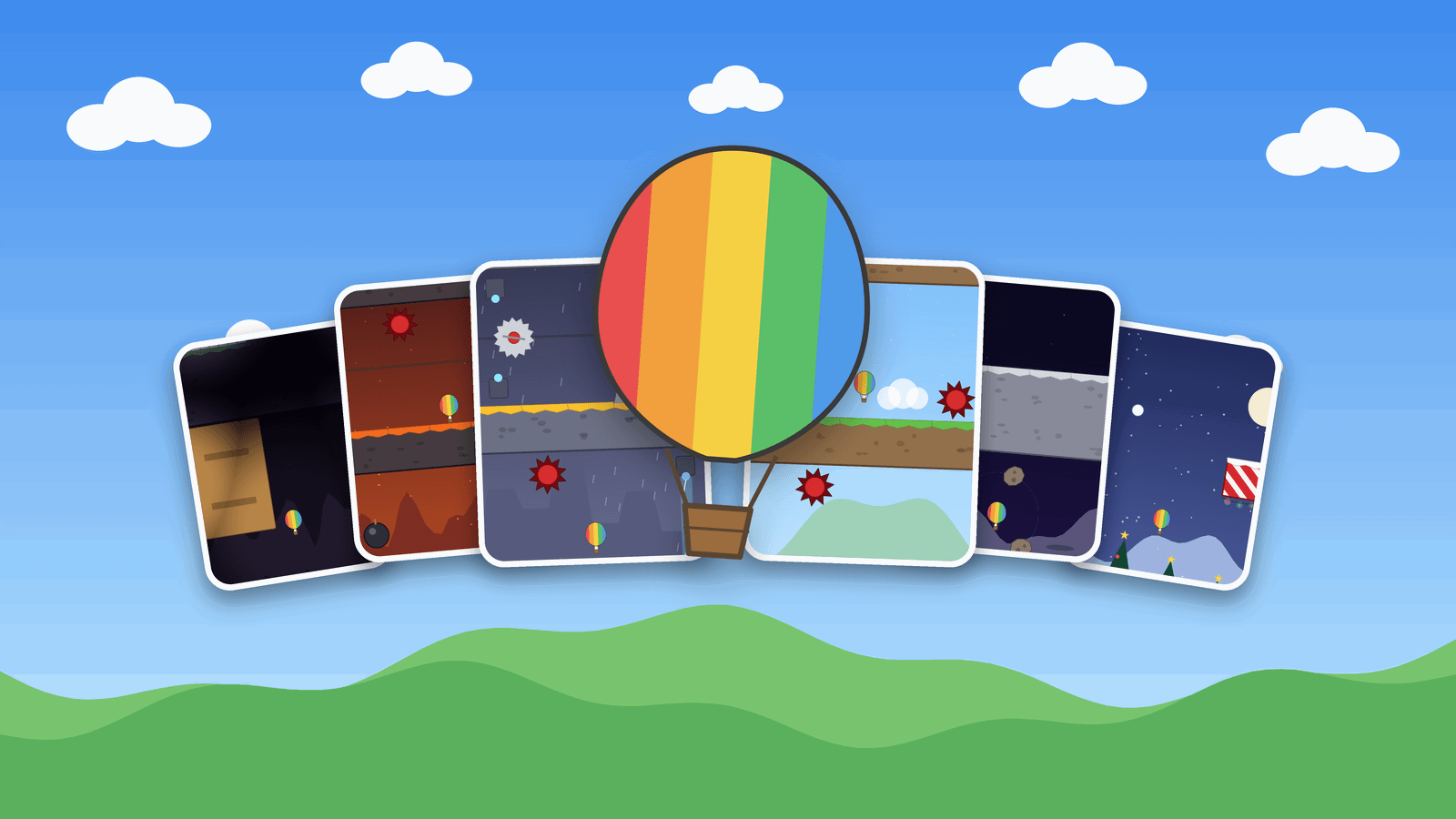 The rainbow balloon over six Looney Ballooney gameplay scenes, with sky and hills