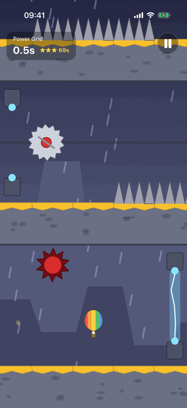 Looney Ballooney on iPhone: Stormy Skyworks, with rain, a saw, a zapper beam and spikes