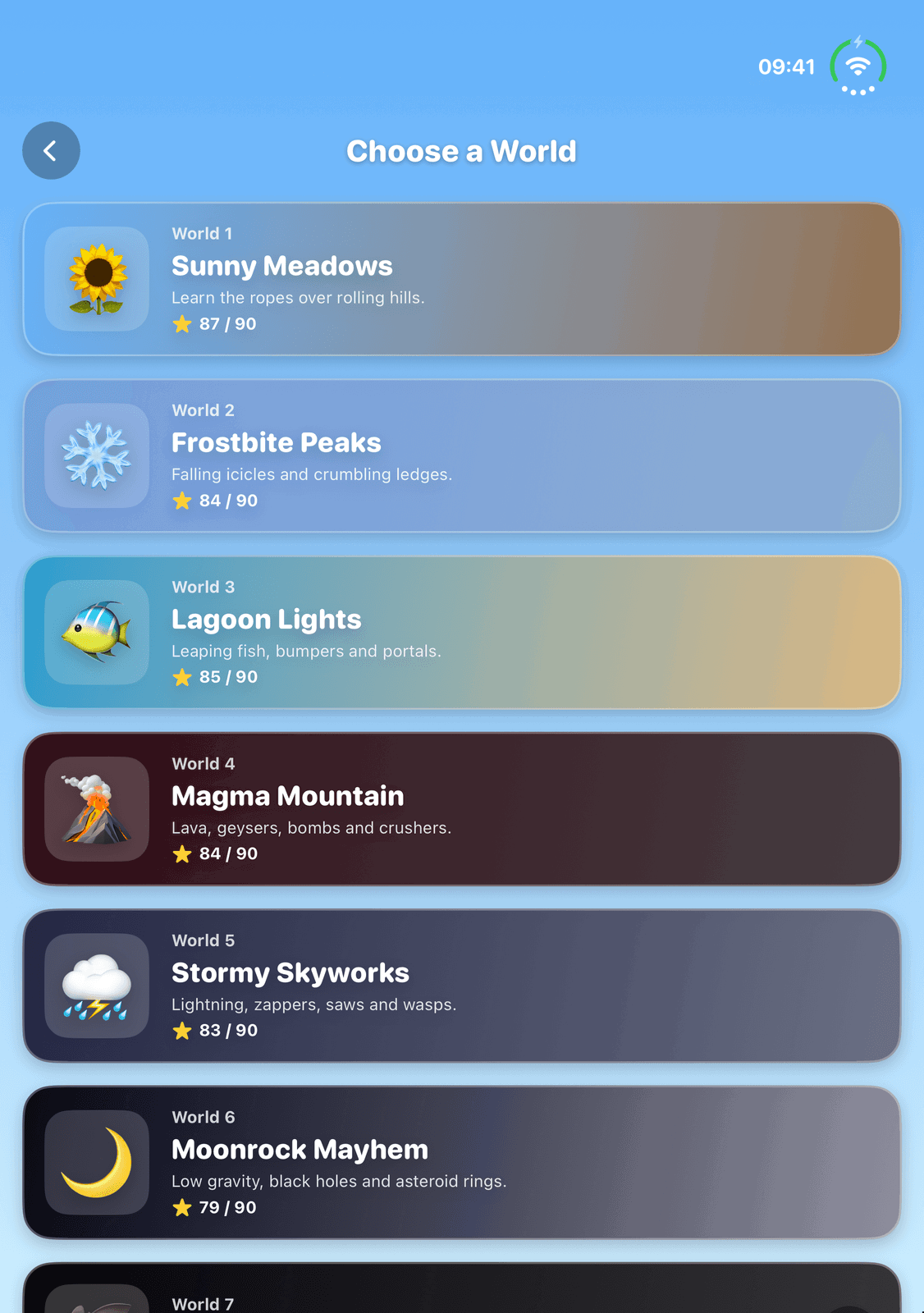 Looney Ballooney on iPhone Duo, open: the Choose a World screen