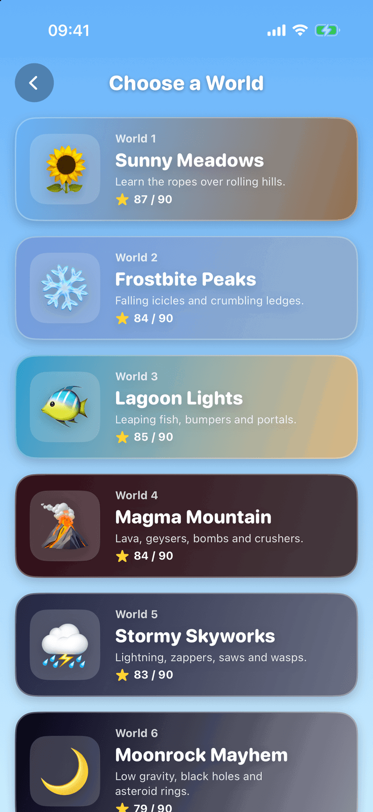 Looney Ballooney on iPhone: the Choose a World screen with the stars collected in each world