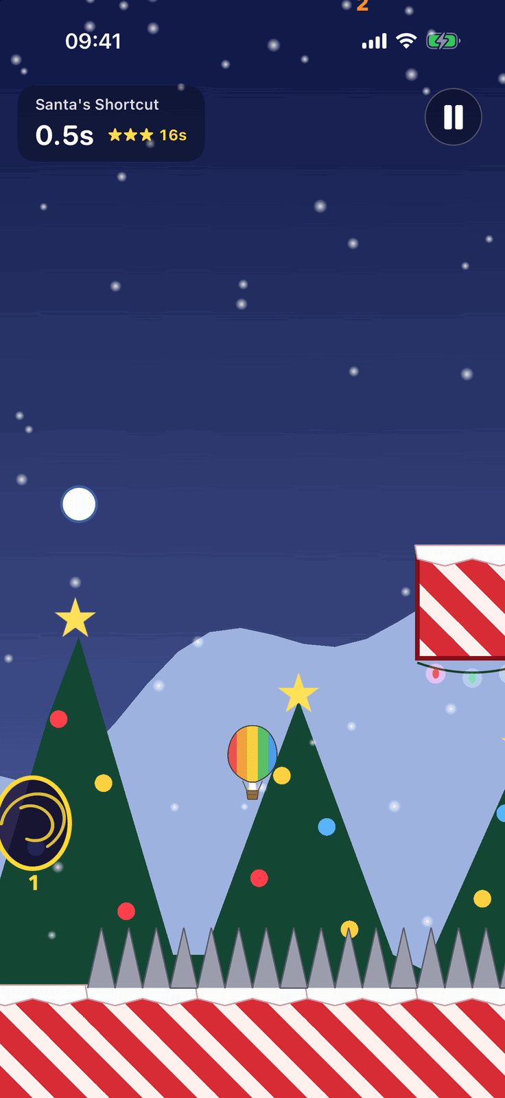 Looney Ballooney on iPhone: Candy Cane Lane, with Christmas trees and candy-cane walls