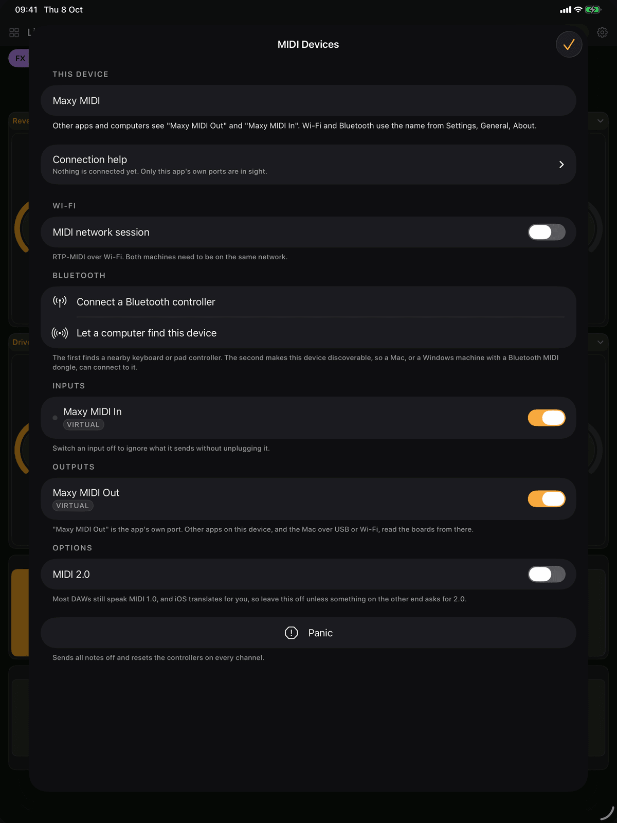 The MIDI devices screen in Maxy MIDI on an iPad: the Wi-Fi network session, Bluetooth, the inputs and outputs and the app’s own virtual ports