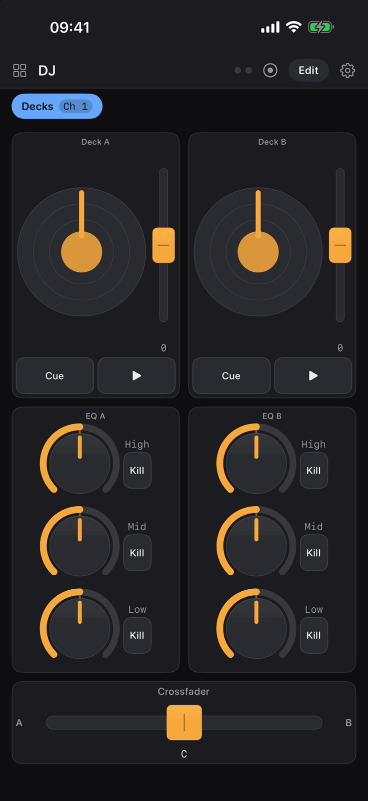 The DJ board in Maxy MIDI on an iPhone: two decks, EQ and a crossfader