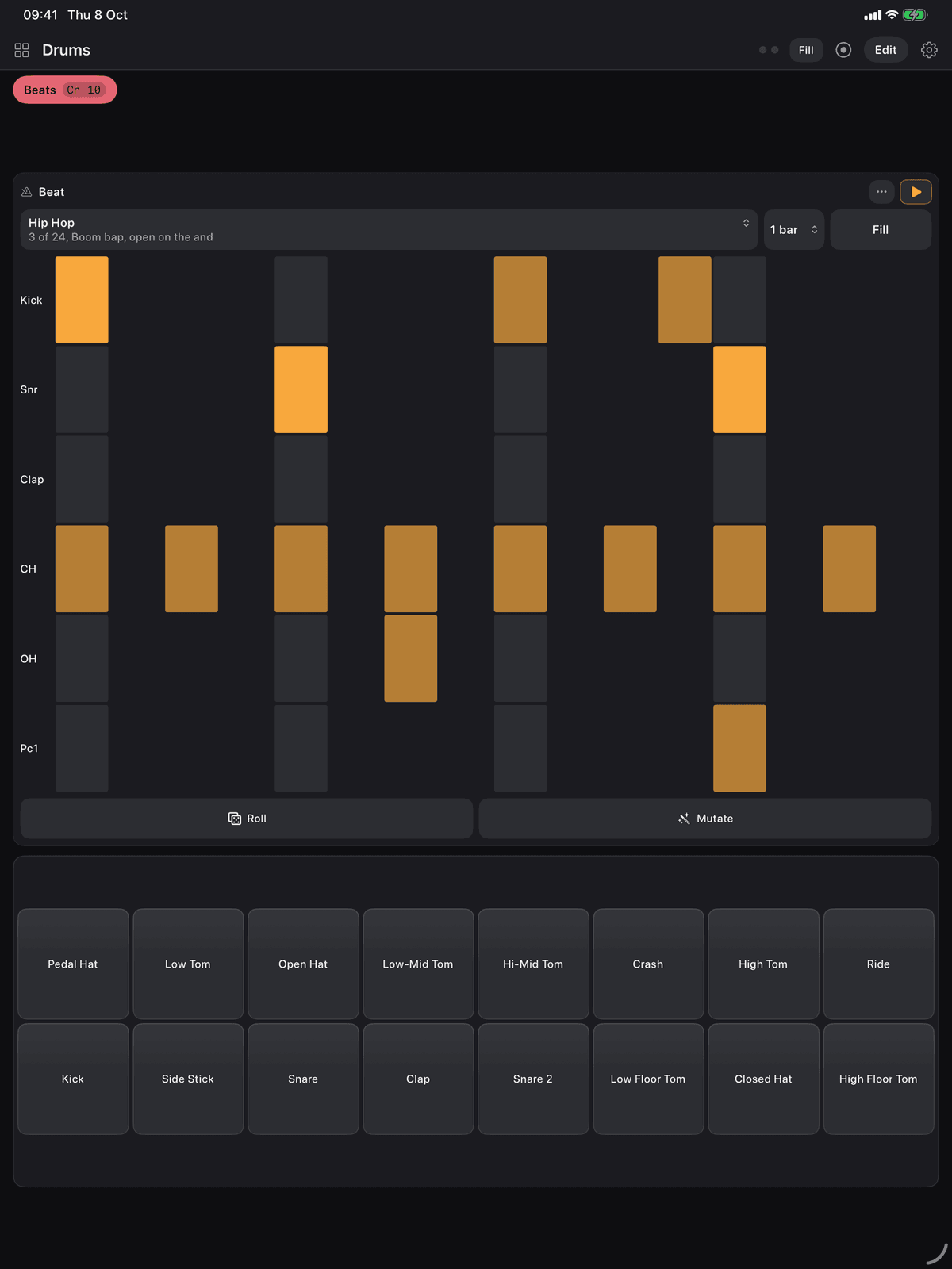 The Drums board in Maxy MIDI on an iPad: the beat generator playing a hip hop pattern above a sixteen pad drum rack