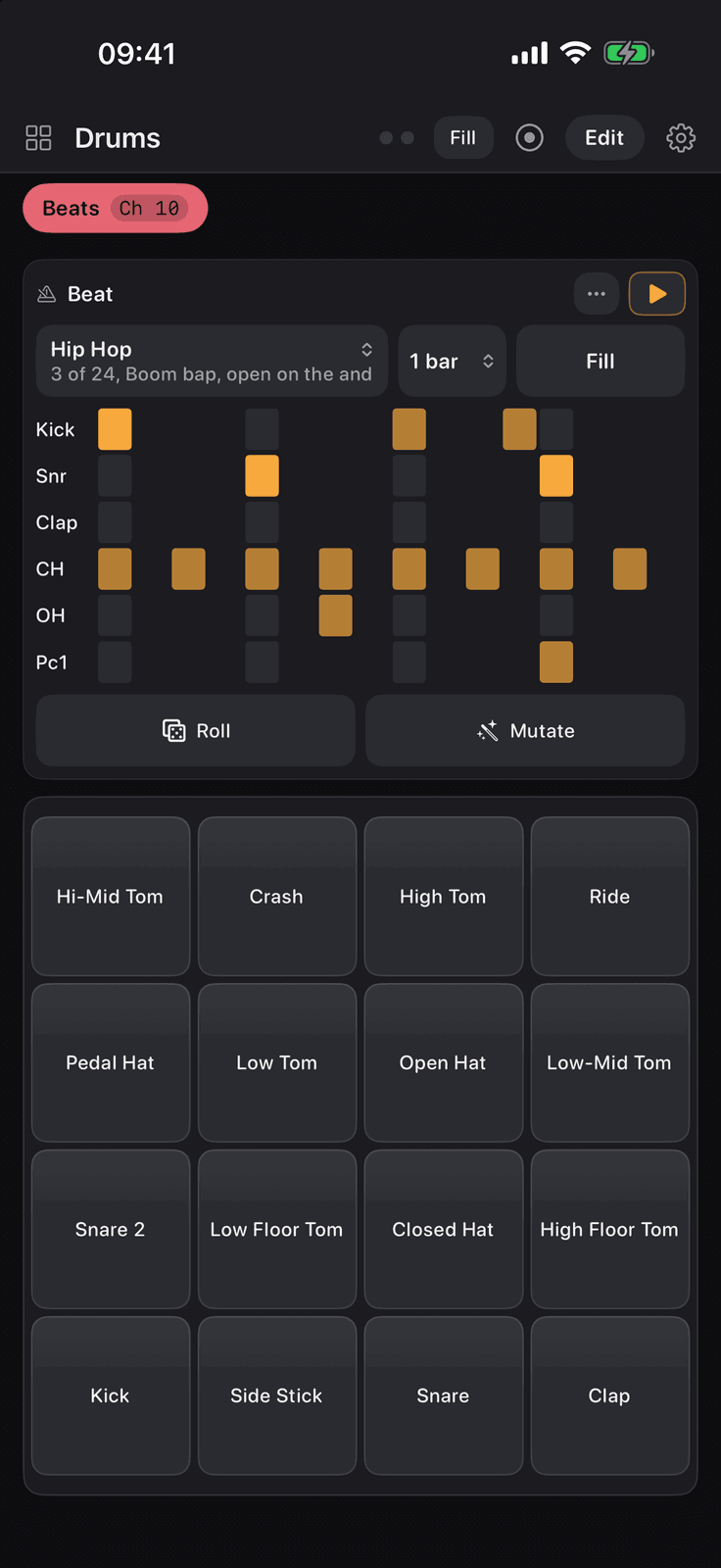 The Drums board in Maxy MIDI on an iPhone: the beat generator above a drum rack
