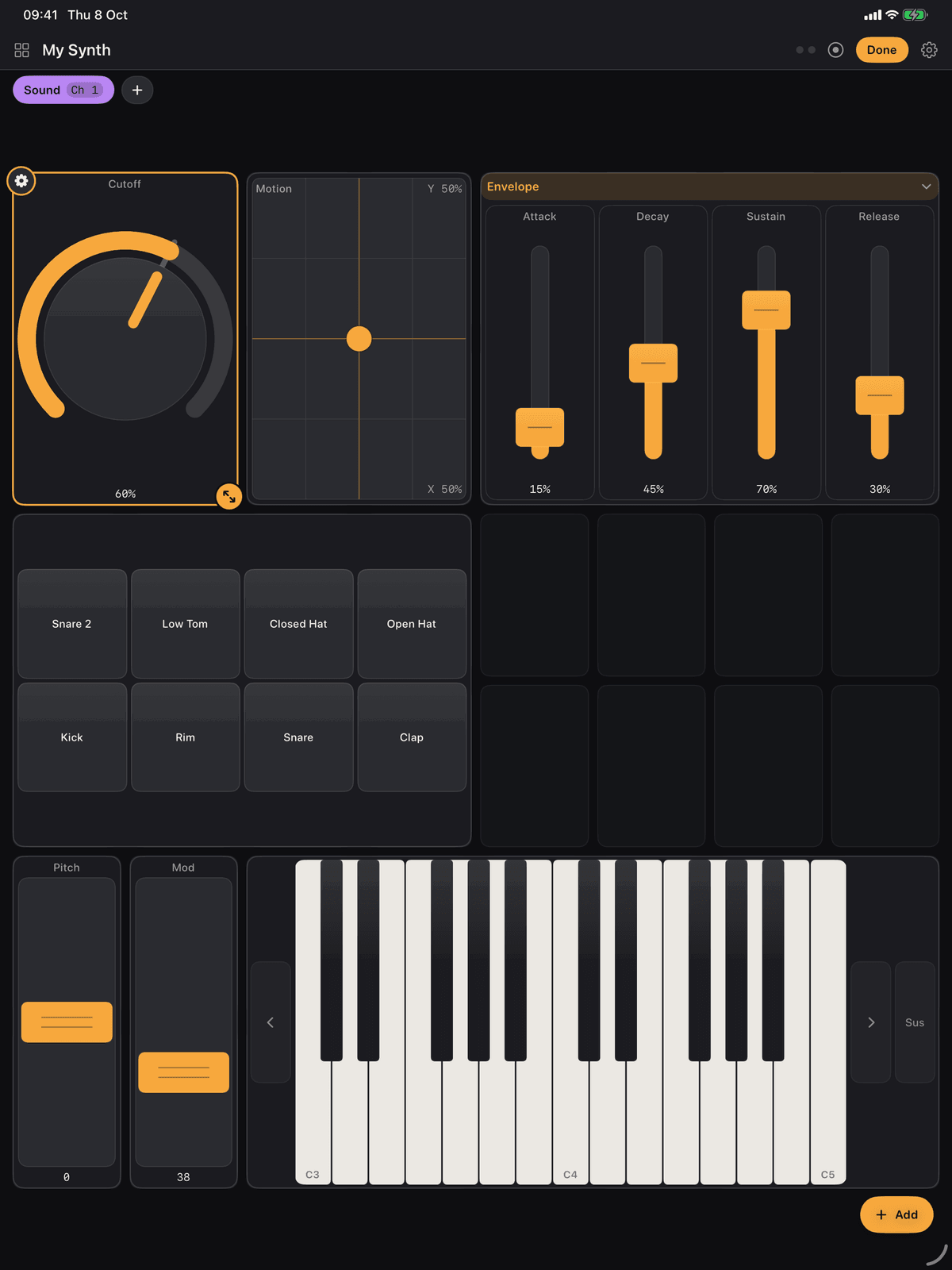 Edit mode in Maxy MIDI on an iPad: the grid showing, a Cutoff knob selected with its resize grip and settings cog
