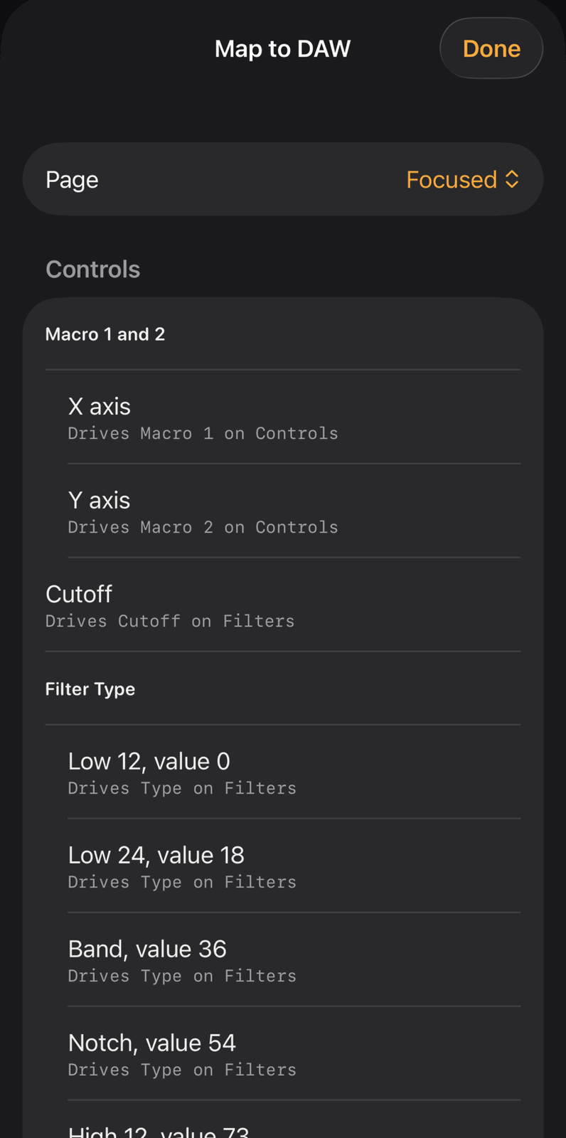 Map to DAW in Maxy MIDI: every part of the page listed in order with a Send button for the DAW to learn from