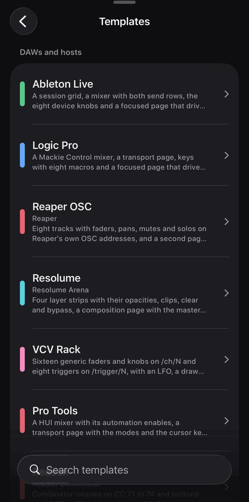 The Templates screen in Maxy MIDI, listing the DAW and host boards with a line under each saying how it is wired