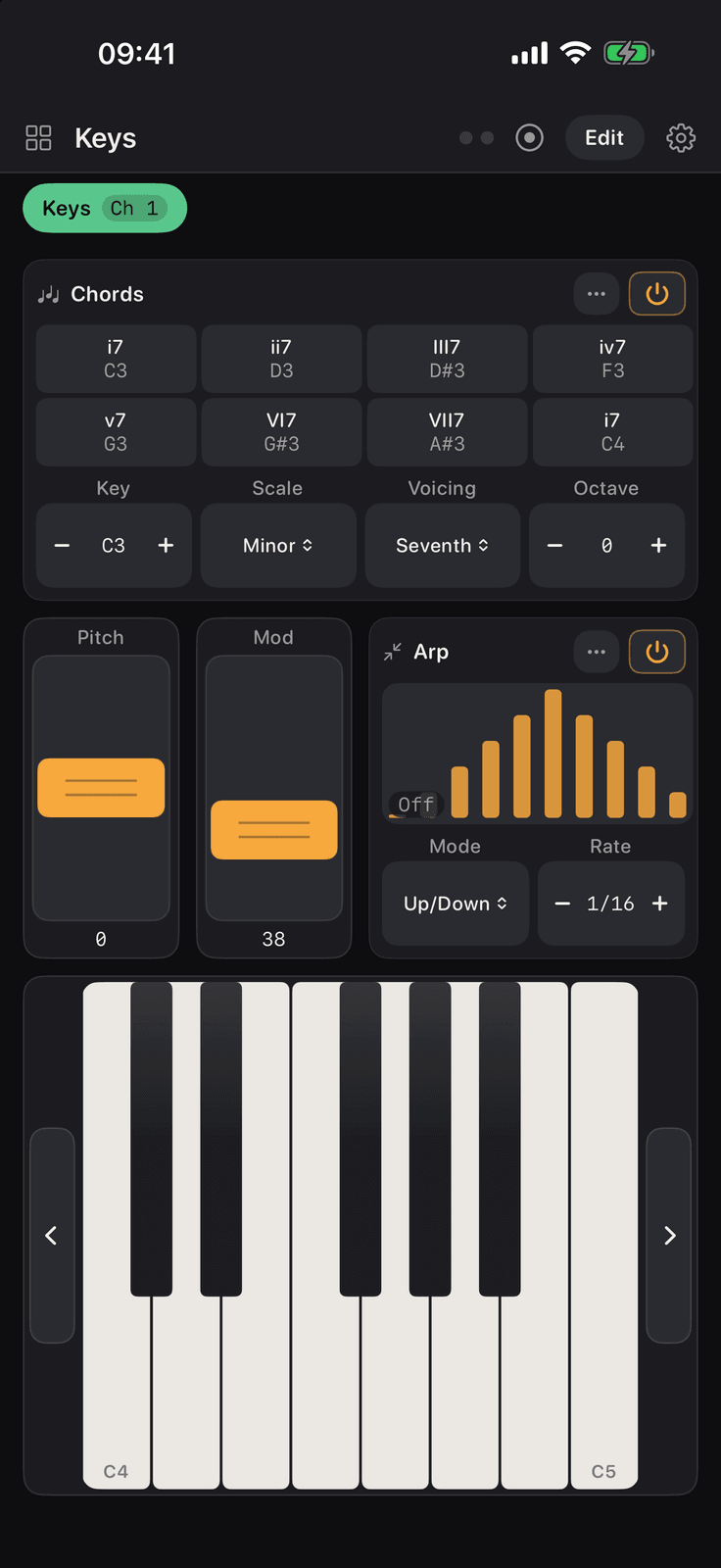 The Keys board in Maxy MIDI on an iPhone: chord pads, wheels, an arpeggiator and a piano keyboard