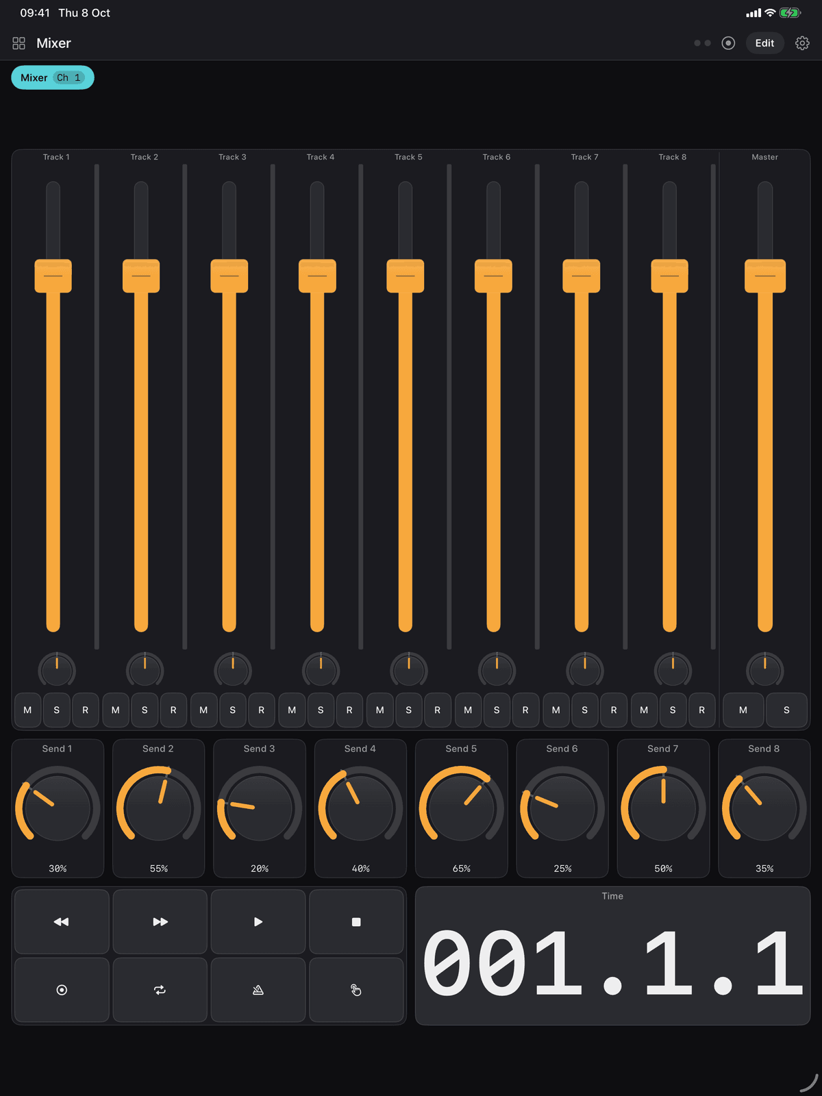 The Mixer board in Maxy MIDI on an iPad: eight channel strips and a master, eight send knobs, a transport and a timecode display