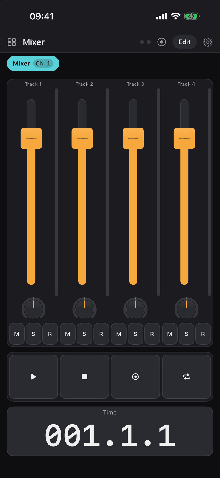 The Mixer board in Maxy MIDI on an iPhone: four channel strips, a transport and a timecode display