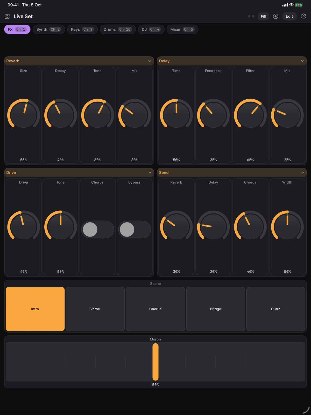 A six page Live Set board in Maxy MIDI on an iPad, each page a pill in the tab strip