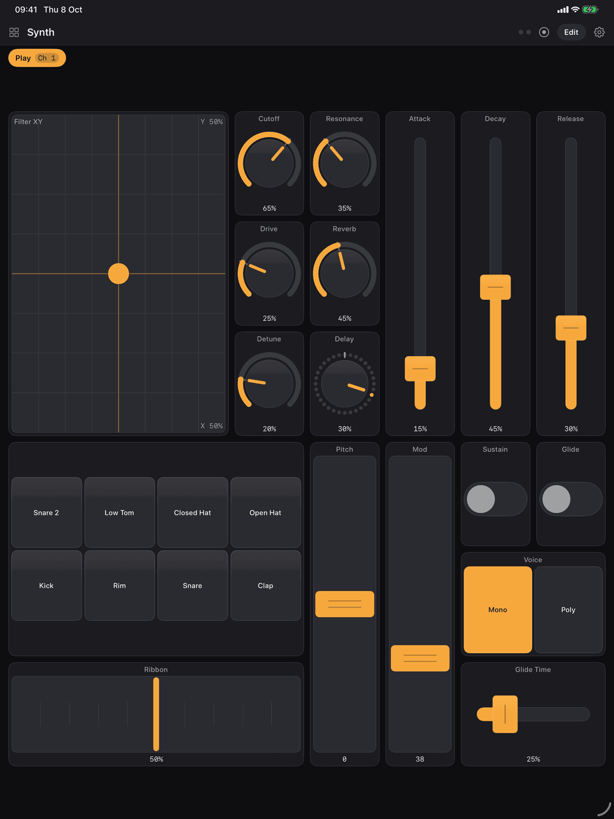 A Maxy MIDI board on an iPad: an XY pad, six knobs, three faders, eight drum pads, pitch and mod wheels, two toggles, a radio row and a ribbon on one page