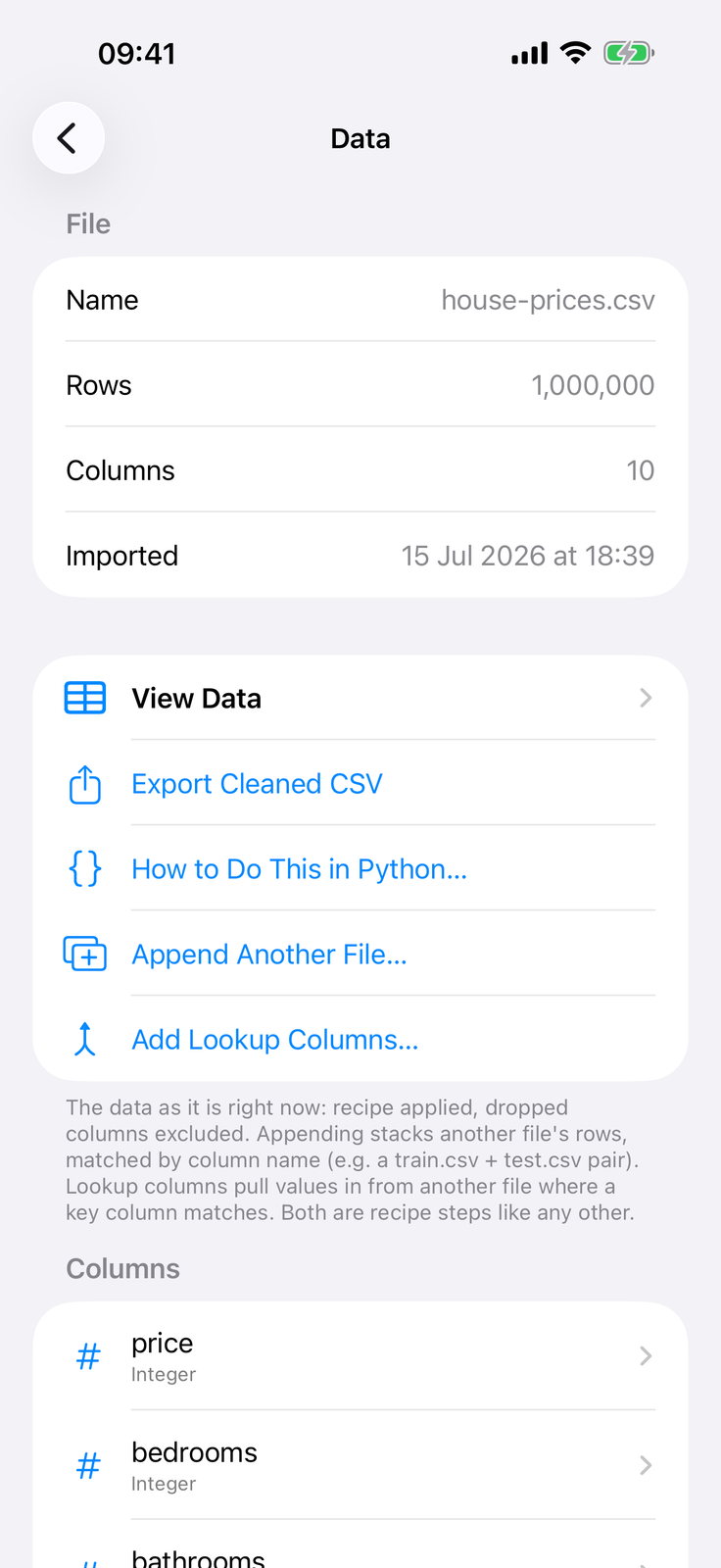 Data screen showing a one-million-row CSV with its columns and export actions