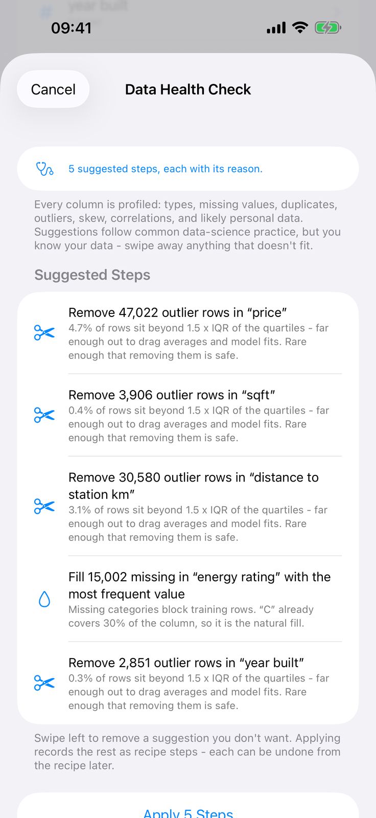 Data Health Check suggesting cleaning steps, each with its reason