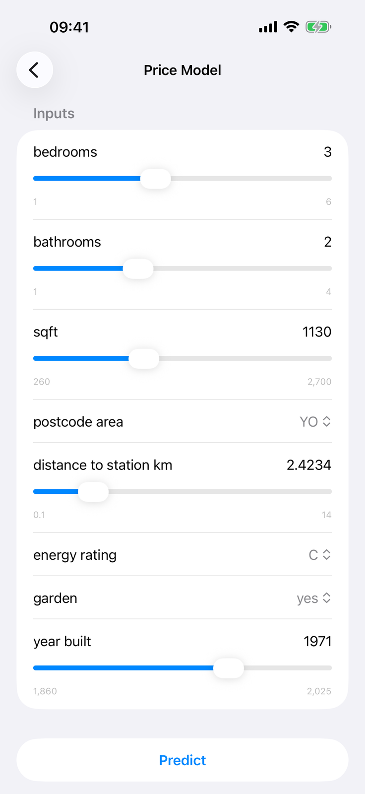 Prediction form with sliders and dropdowns for each model input