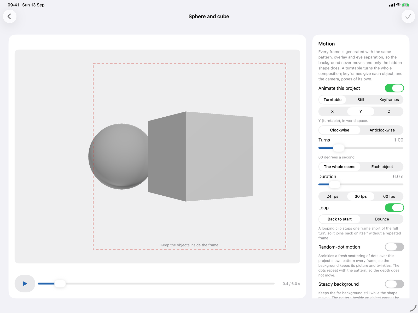 The Animate editor in Stereogram Studio on an iPad: a sphere and cube composition with turntable, duration, frame rate and loop controls