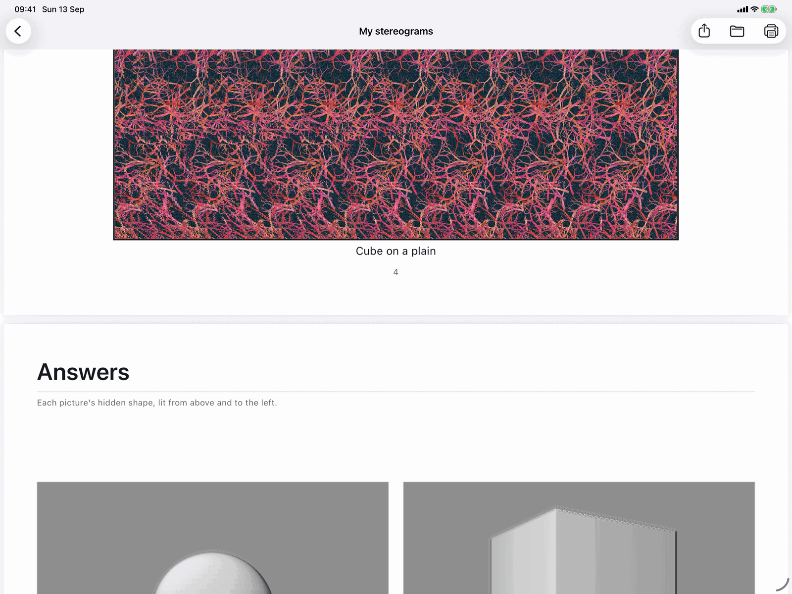 A finished stereogram book PDF in Stereogram Studio on an iPad, scrolled to the join between the last picture and the Answers page