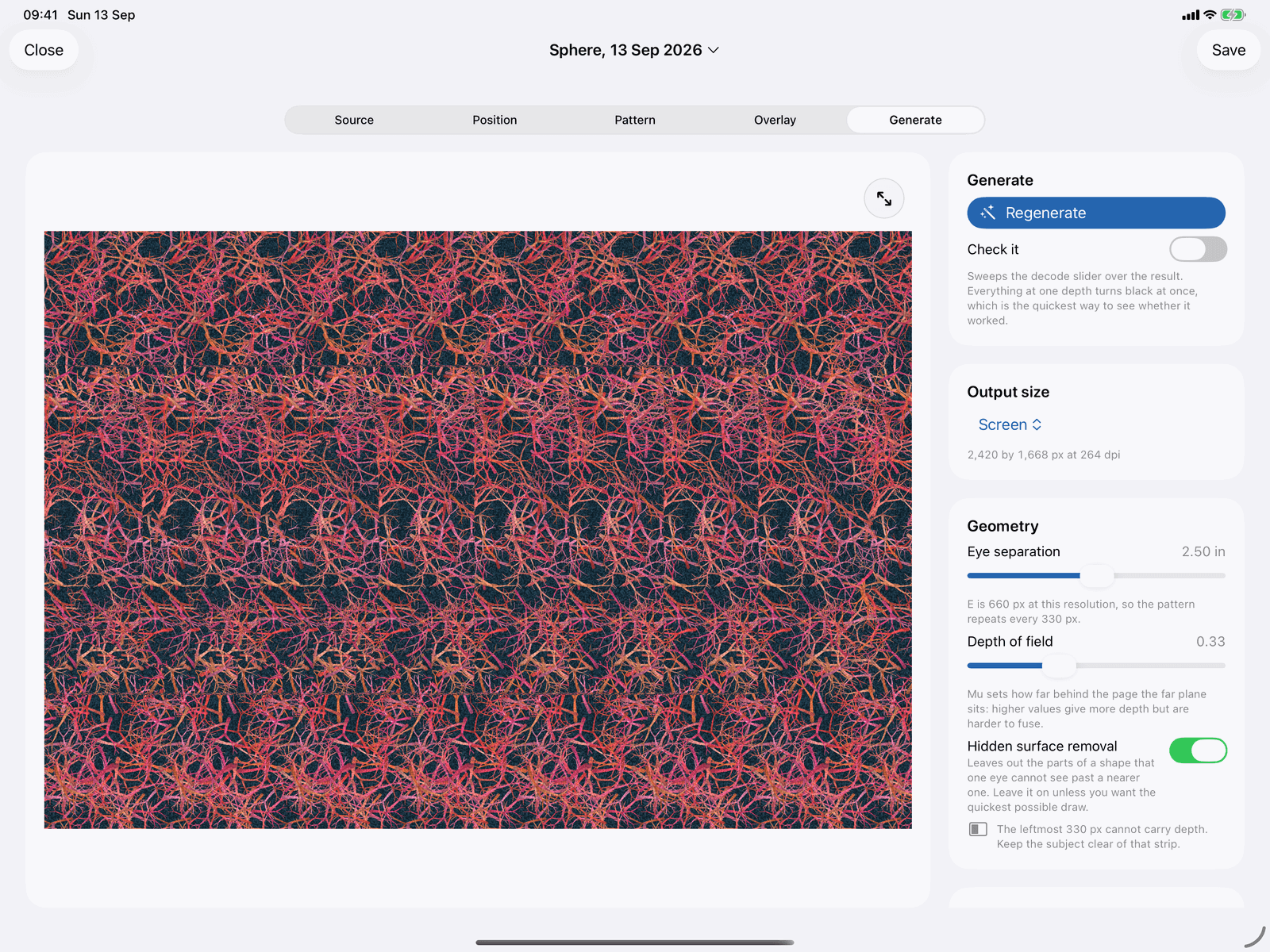 The Generate step in Stereogram Studio on an iPad: a finished single-image stereogram with the Check it switch, output size, eye separation and depth controls beside it
