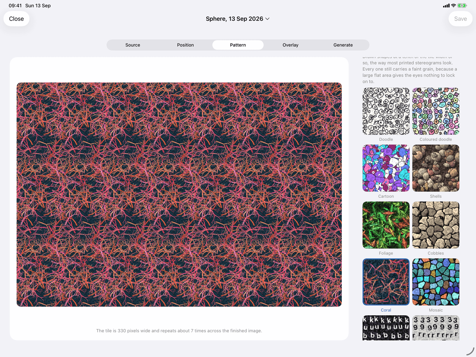 The Pattern step in Stereogram Studio on an iPad: a coral pattern tiled across the picture, with a gallery of built-in tiles beside it